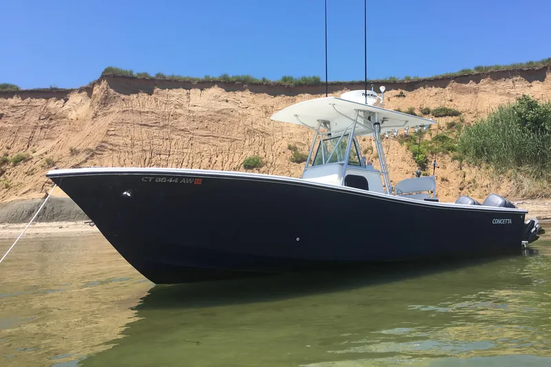 The Image of 2000 Regulator 26 Center Console boat anchored near sandy cliffs. - 0