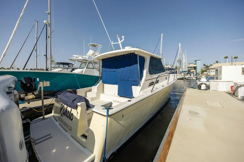 Slide: The Image of 2008 Back Cove 33 boat docked at a marina under clear blue skies. - 3
