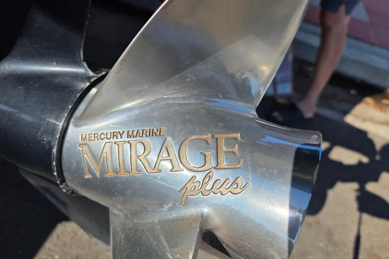 Slide: The Image of Close-up of Mercury Marine Mirage Plus propeller on 2003 Boston Whaler 255 Conquest boat. - 12