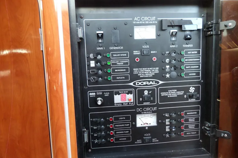 Slide: The Image of Electrical control panel on a 2003 Doral 280 SE boat, featuring AC and DC circuits. - 45