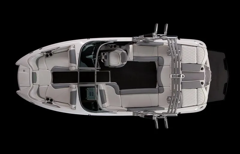 Slide: The Image of 2013 MasterCraft X-25 boat interior, top view, showcasing seating and layout on black background. - 26