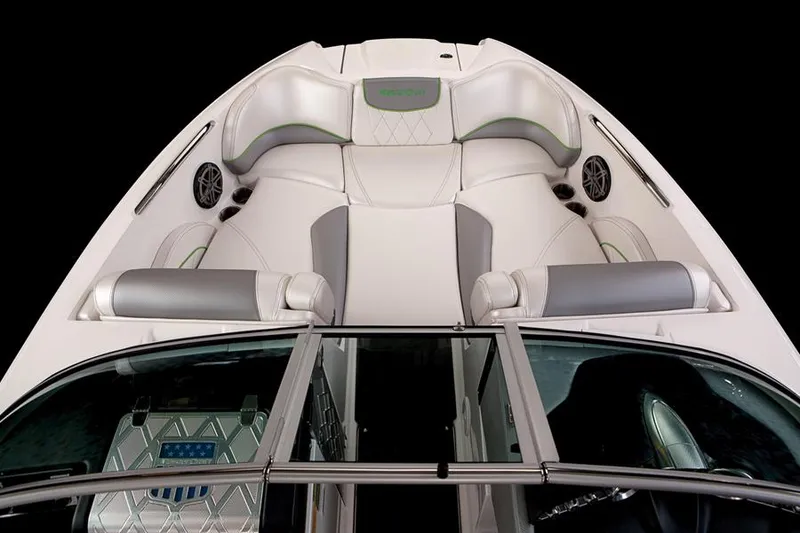 Slide: The Image of 2013 MasterCraft X-25 boat interior with white seating and speakers. - 29
