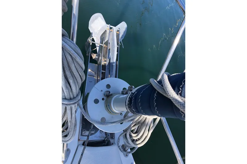 Slide: The Image of Bow of 2008 Catalina 42 MkII sailboat with anchor and ropes. - 13