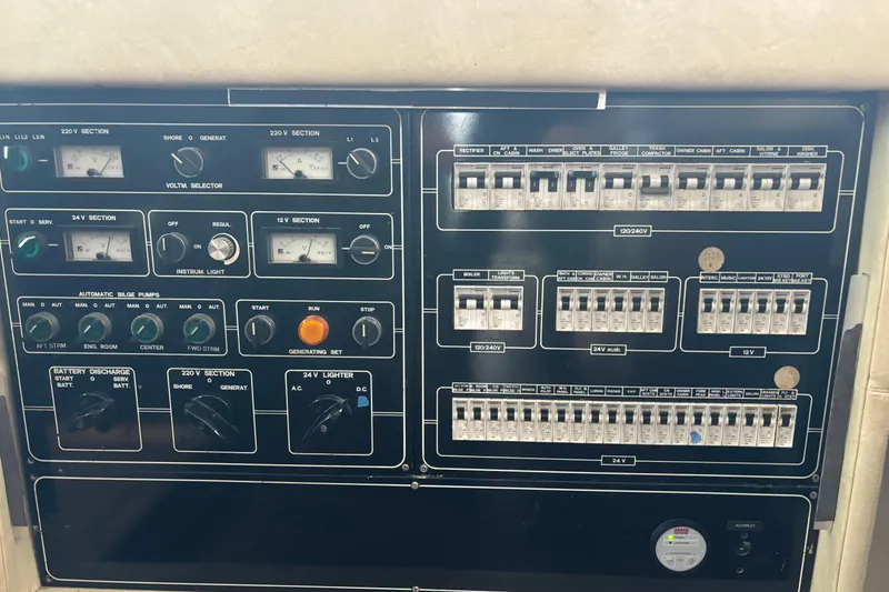 Slide: The Image of Electrical control panel of a 1986 Maiora Phantom yacht, featuring various switches and meters. - 14