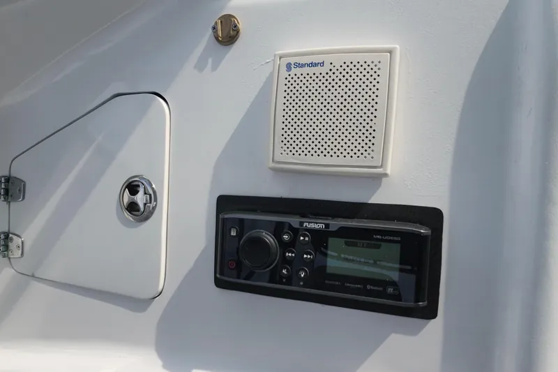 Slide: The Image of 2003 Shearline 30 Express boat audio system and speaker detail. - 25