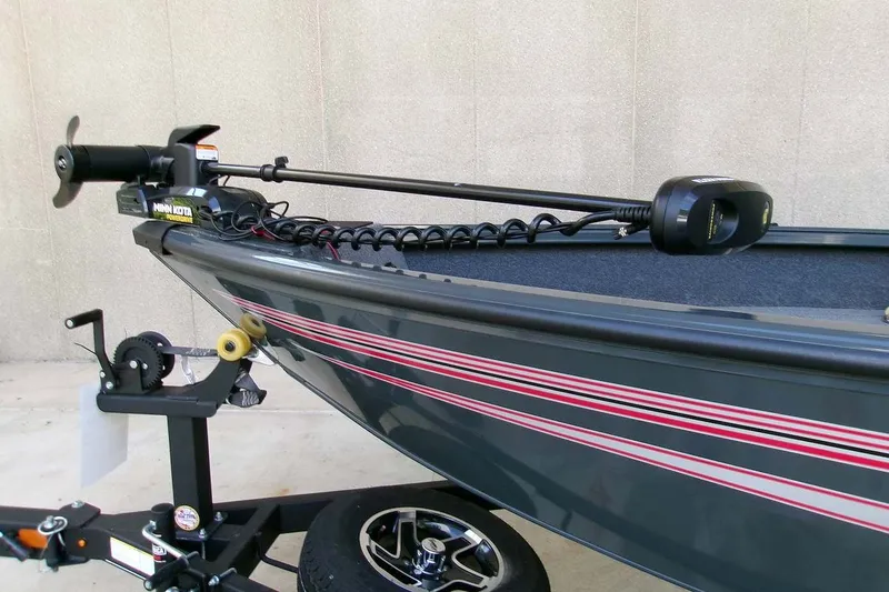 Slide: The Image of 2025 Ranger VS1665SC boat with Minn Kota trolling motor on trailer. - 4