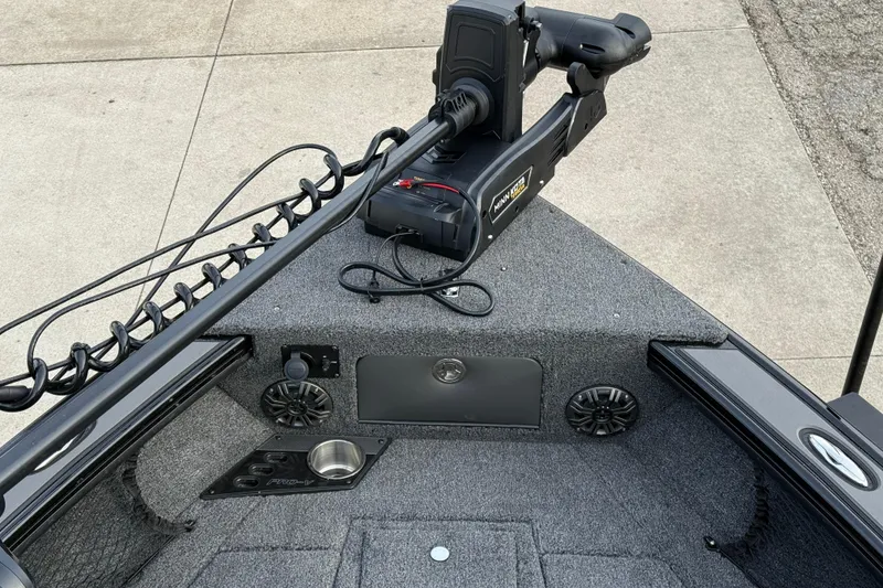 Slide: The Image of Bow area of 2026 Lund 1975 Pro-V Sport boat with trolling motor and speakers. - 10