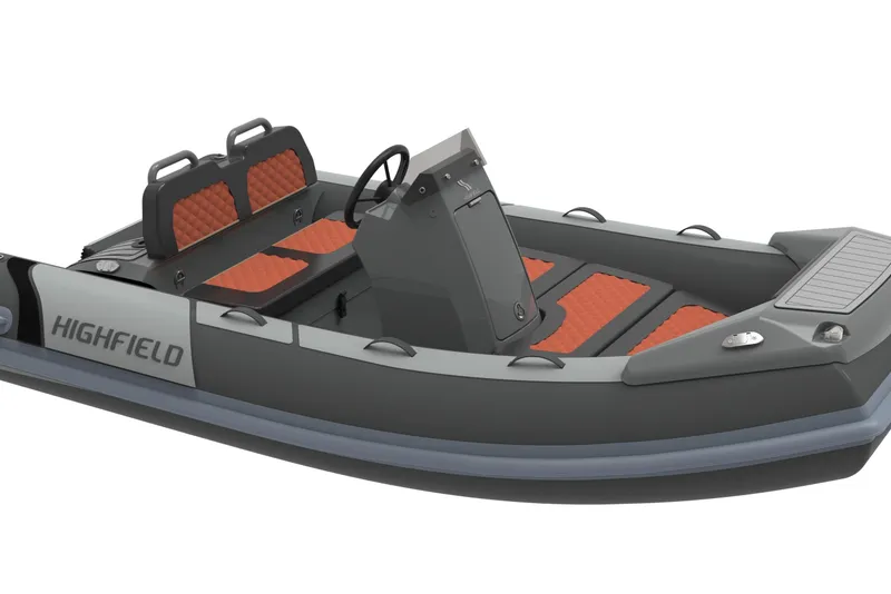 The Image of 2026 Highfield Sport 330 boat with orange seating and sleek gray design. - 0