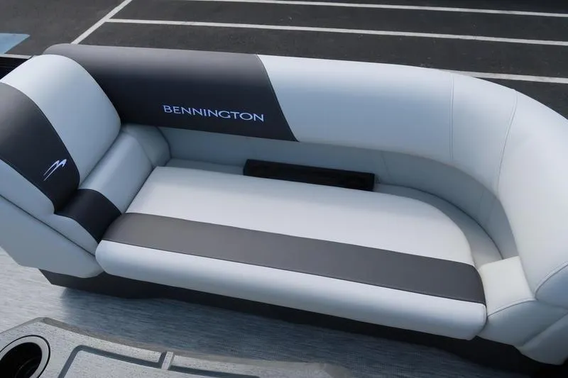 Slide: The Image of 2026 Bennington S Quad Bench 20 SSR boat seat, sleek gray and black design. - 10