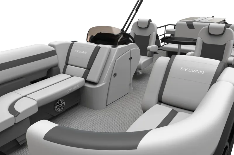 Slide: The Image of 2026 Sylvan L3 DLZ DH Bar pontoon boat with luxurious seating and modern design. - 2