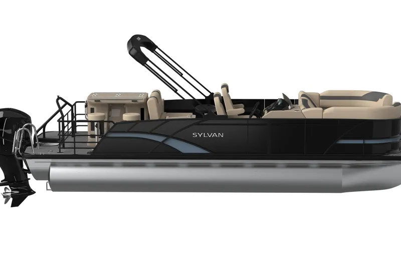 Slide: The Image of 2026 Sylvan L3 DLZ DH Bar pontoon boat with spacious seating and modern design. - 5