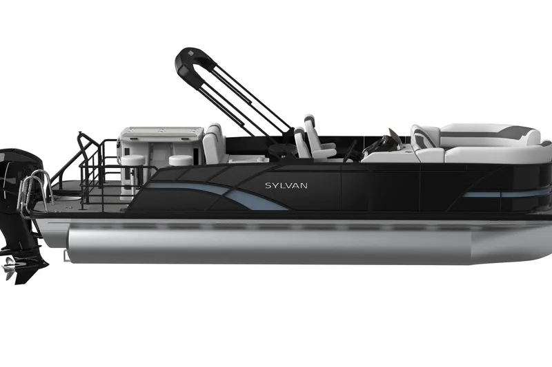 Slide: The Image of 2026 Sylvan L3 DLZ DH Bar pontoon boat interior with modern seating and sleek design. - 8