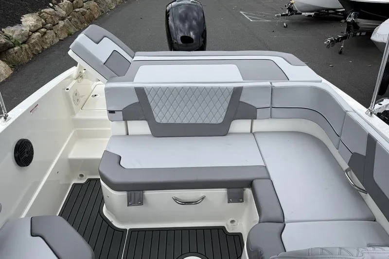 Slide: The Image of 2026 Bayliner VR6 Bowrider OB interior with gray seating and modern design. - 6