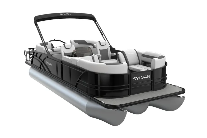 Slide: The Image of 2026 Sylvan L3 LZ DH pontoon boat wrapped in protective cover, displayed on blocks. - 6