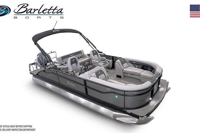 Slide: The Image of 2026 Barletta A22UC pontoon boat with sleek design and spacious seating. - 2