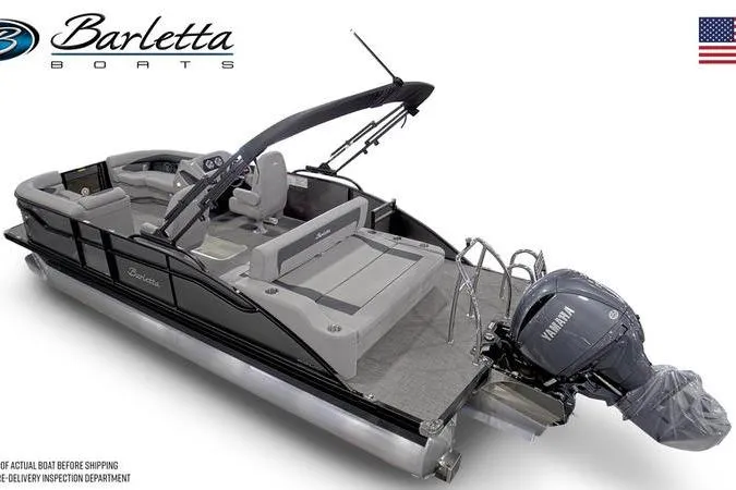 Slide: The Image of 2026 Barletta A22UC pontoon boat with Yamaha outboard motor, sleek design, and spacious seating. - 3