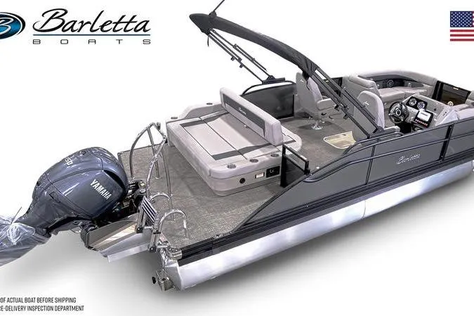 Slide: The Image of 2026 Barletta A22UC pontoon boat with Yamaha engine, sleek design, and spacious seating. - 4