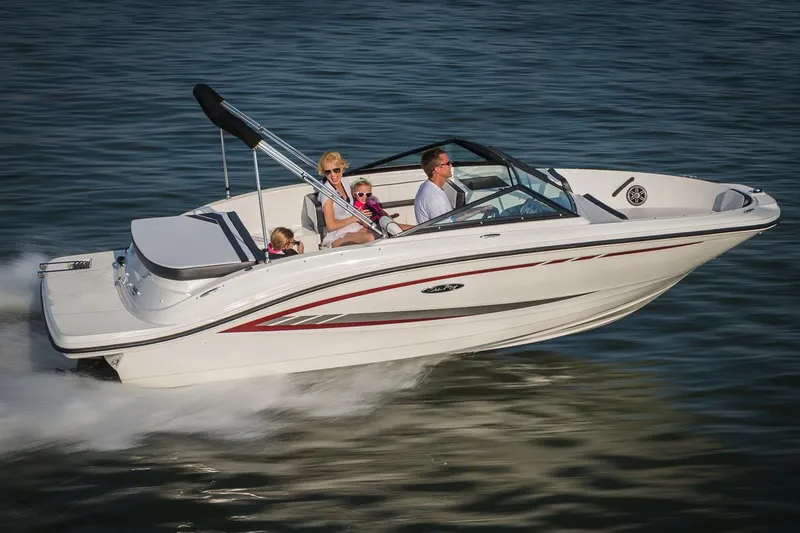 Slide: The Image of Manufacturer Provided Image: 2018 Sea Ray SPX 190 boat cruising on water with passengers. - 2