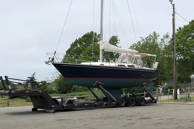 Slide: The Image of 1985 Sabre 36 sailboat on trailer, ready for transport. - 2