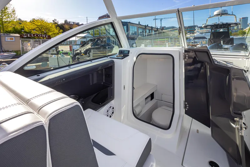 Slide: The Image of 2021 Blackfin 252DC boat interior with seating and storage, docked at a marina. - 16
