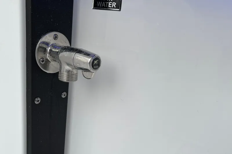 Slide: The Image of Chrome faucet on a 2021 Blackfin 252DC boat, labeled "RAW" for water. - 33