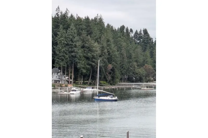 Slide: The Image of Sailboat Nonsuch 30 Classic (1983) anchored in a serene forested bay. - 20