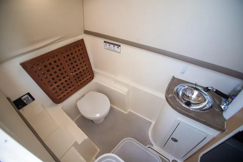 Slide: The Image of Starboard private head in suite with marine head, sink, and wet shower - 19