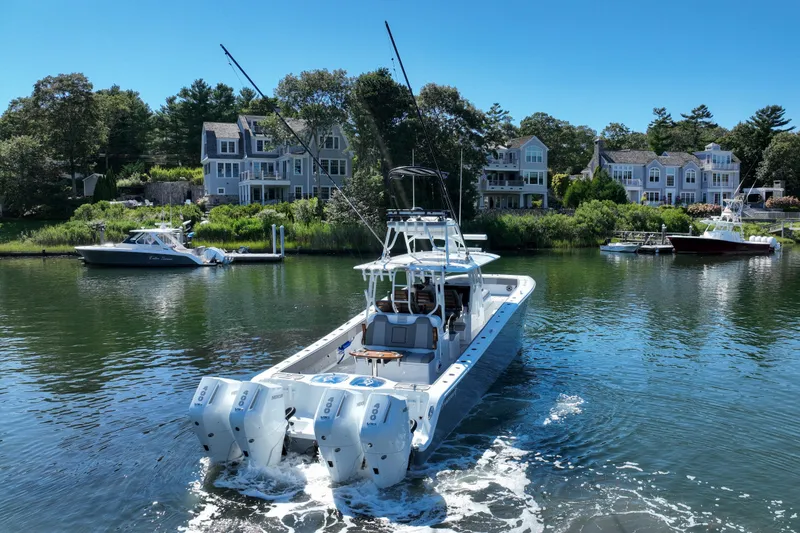 Slide: The Image of Freeman 42 LR boat cruising near waterfront homes, 2025 model. - 14