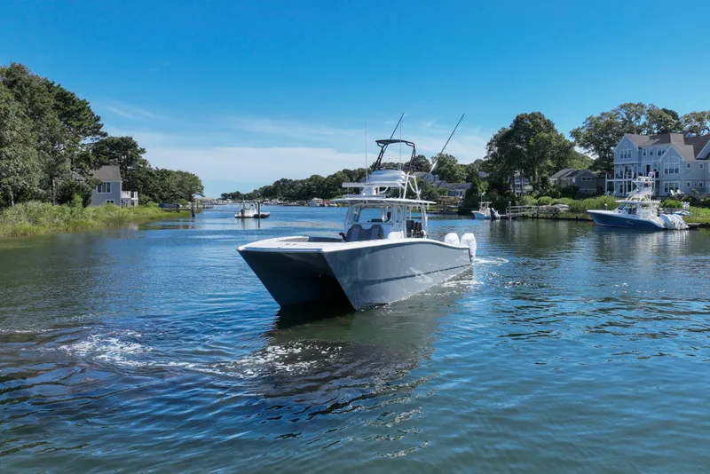 Slide: The Image of Freeman 42 LR boat cruising in a scenic waterfront area, 2025 model. - 3