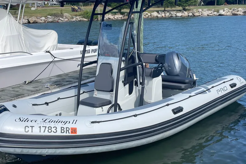 Slide: The Image of 2025 Zodiac Pro 5.5 inflatable boat docked on calm water. - 8