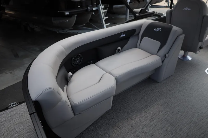 Slide: The Image of 2026 Barletta ARIA 22QC boat interior with luxurious gray seating and modern design. - 14