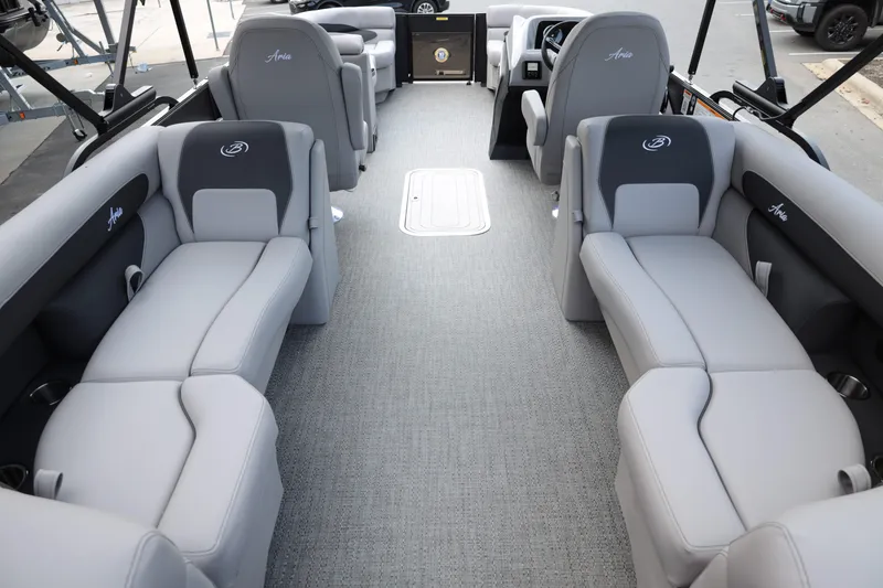 Slide: The Image of 2026 Barletta ARIA 22QC pontoon boat interior with luxurious gray seating and modern design. - 17