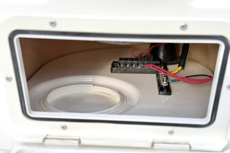 Slide: The Image of Electrical compartment of 2003 Zodiac Yachtline 340DL with wiring and connectors. - 12