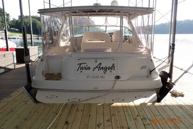 Slide: The Image of 2003 Sea Ray 460 Sundancer docked, named "Twin Angels," St. Louis, MO. - 24