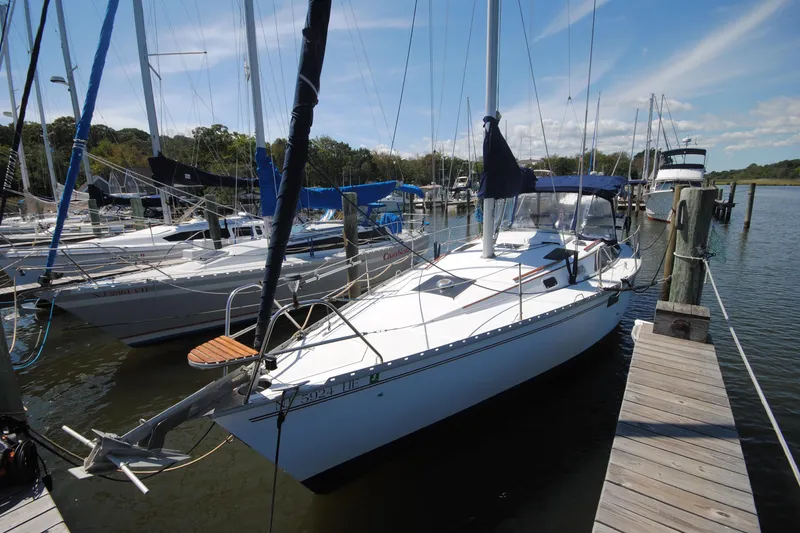 The Image of 1993 Hunter Legend 35.5 sailboat docked at a marina under a clear blue sky. - 0
