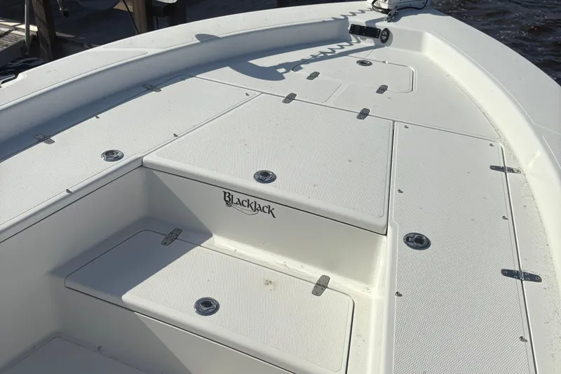 Slide: The Image of 2022 BlackJack 256 Bay boat deck with storage compartments. - 8