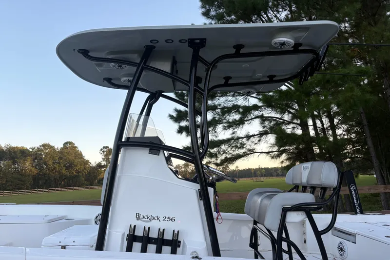 Slide: The Image of 2022 BlackJack 256 Bay boat with T-top and seating, set against a wooded backdrop. - 9