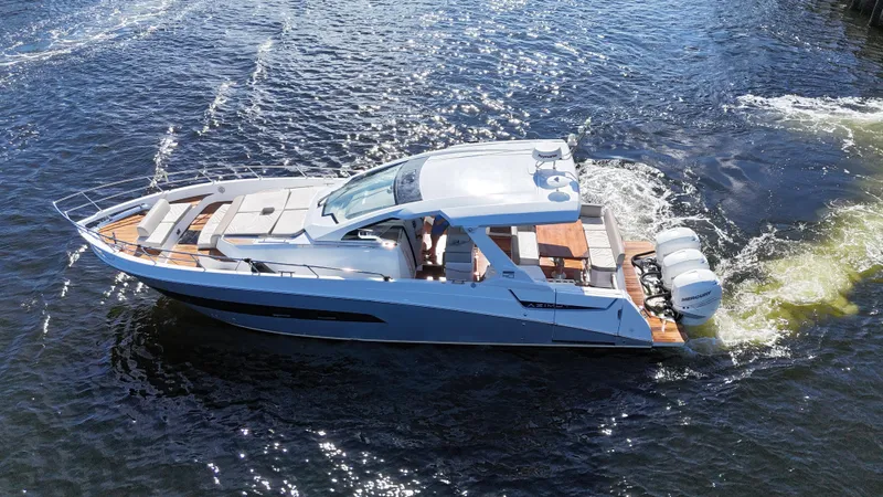 Slide: The Image of 2018 Azimut Verve 40 luxury yacht cruising on open water. - 1