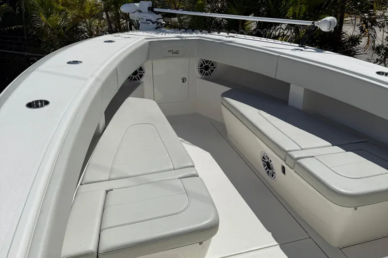 Slide: The Image of 2022 SeaVee 322z boat interior with cushioned seating and modern design. - 9