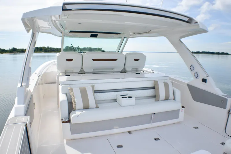 Slide: The Image of 2025 Tiara Yachts 43 LS luxury boat interior with plush seating and scenic water view. - 38