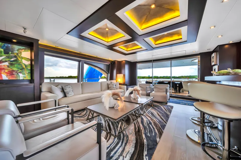 Slide: The Image of Luxurious 2012 Azimut yacht interior with modern decor and panoramic windows. - 38