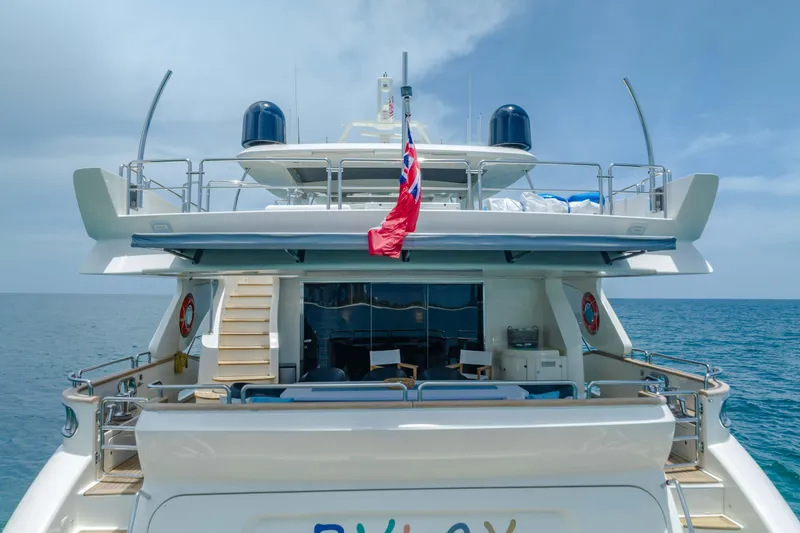 Slide: The Image of Luxury Azimut yacht from 2012, rear view with flag, on open sea. - 8