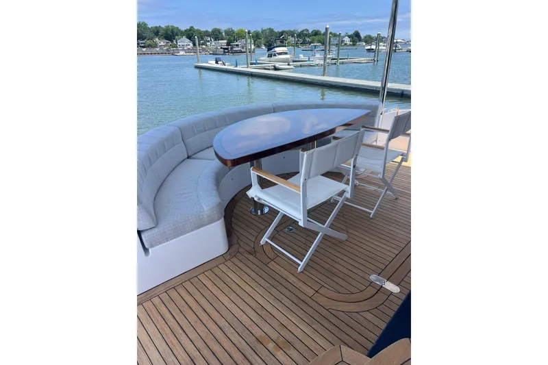 Slide: The Image of Helm of 2011 Hatteras boat with Garmin navigation displays and controls. - 14