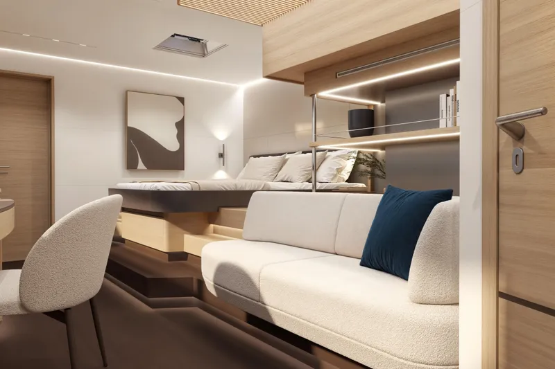 Slide: The Image of Modern interior of Veya 53 yacht, 2026 model, featuring elegant bedroom and cozy seating area. - 40