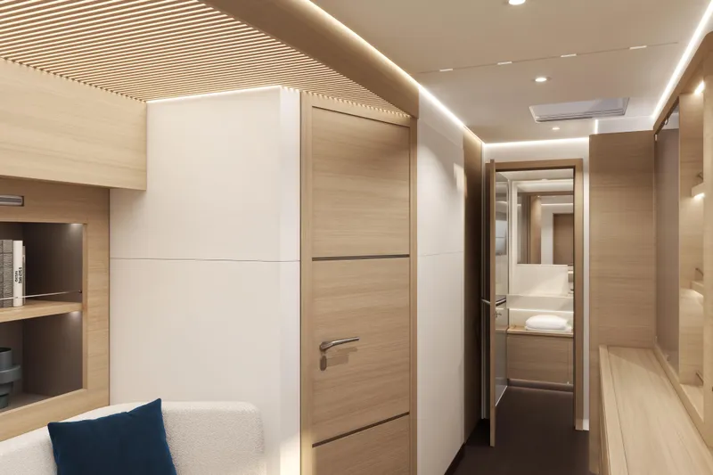 Slide: The Image of Modern interior of 2026 Veya 53 yacht with sleek wood finishes and ambient lighting. - 43