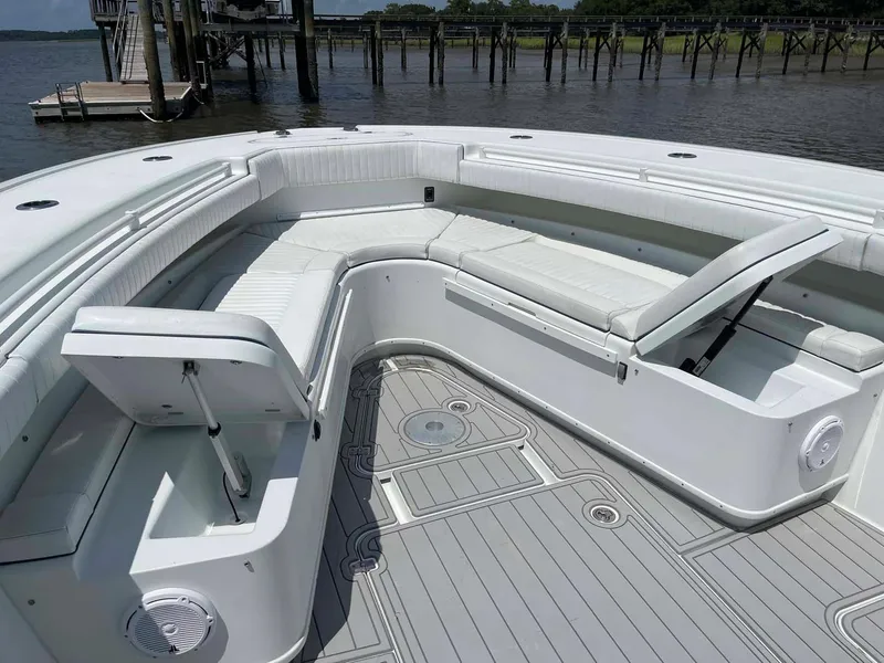 Slide: The Image of 2014 Yellowfin 42 boat with spacious seating and storage on deck. - 3