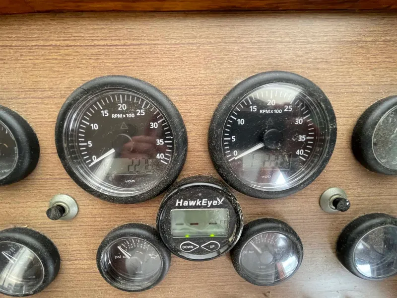 Slide: The Image of Dashboard gauges of a 1985 DeFever 40 Offshore Cruiser boat. - 20