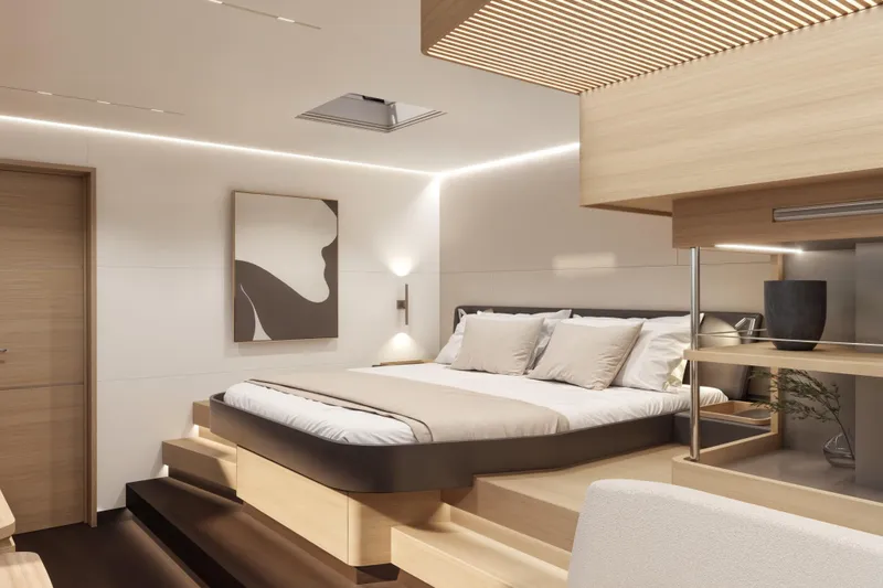 Slide: The Image of Luxurious modern bedroom interior in 2026 Veya 53 yacht, featuring elegant wood accents and ambient lighting. - 40