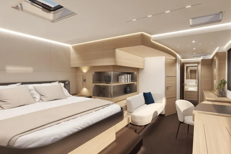 Slide: The Image of Luxurious 2026 Veya 53 yacht interior with modern bedroom, elegant furnishings, and ambient lighting. - 43