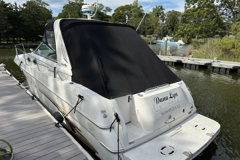 Slide: The Image of 1998 Sea Ray 290 Sundancer docked, covered, with lush greenery in the background. - 3
